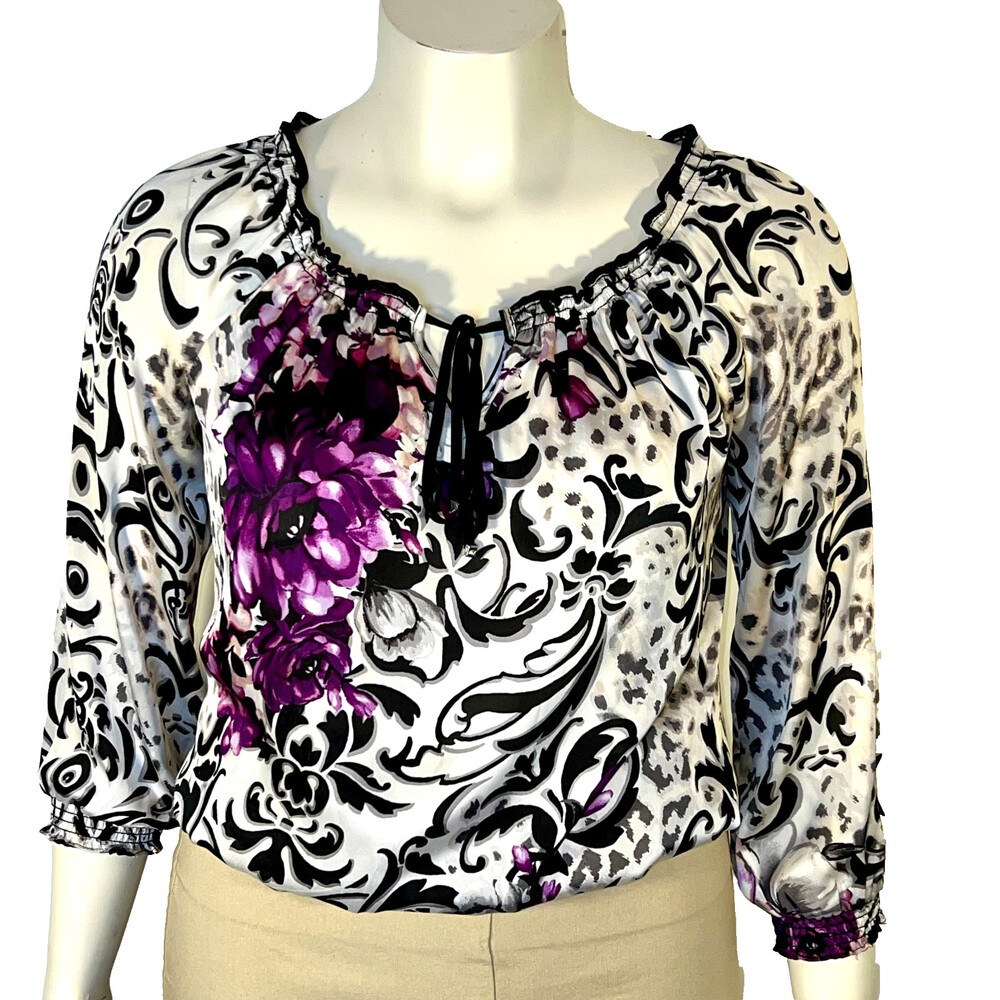 White House Black Market Peasant Blouse Womens S Purple Floral Brocade 3/4 Sleev